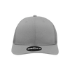 A grey six-panel mid-profile structured trucker cap with a logo on the front and a curved peak.