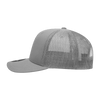 A grey 6 panel mid profile structured trucker cap with a mesh back and a logo.
