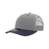 A grey and navy structured trucker cap featuring a mesh panel and a logo on the front.