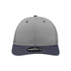 A grey and navy 6-panel mid profile structured trucker cap with a logo on the front.