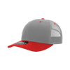 A grey and red 6 Panel Mid Profile Structured Trucker cap with a mesh back and a logo.