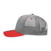 A grey and red 6 Panel Mid Profile Structured Trucker cap featuring a mesh back and a branded logo.