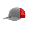 A grey and red 6 panel mid profile structured trucker cap featuring a mesh back and a logo.
