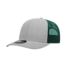 A grey cap with a green mesh back and a structured six-panel design, featuring a logo on the front.