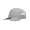 A grey 6 panel mid profile structured trucker cap with a mesh back and a logo.