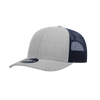 A grey trucker cap with a structured mid-profile design and a navy mesh back, featuring a logo.