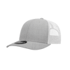 A grey trucker cap with a mid-profile structured design and a mesh back, featuring a branding logo.