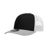 A black and grey structured trucker cap featuring a mesh back and a stitched peak, complete with a logo.