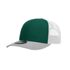 A green and grey trucker cap with a structured design and a white mesh back. It features a logo on the front.