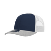 A navy blue and grey structured trucker cap with a mesh back and a logo on the front.