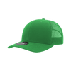 A green 6 panel mid profile structured trucker cap with mesh sides and a curved brim. It features a logo.