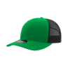 A green and black structured trucker cap featuring a mesh back and a logo on the front.