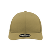A structured trucker cap in khaki with a logo on the front. It has a six-panel design.