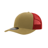 A structured trucker cap featuring a khaki front and red mesh back, complete with branding.