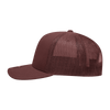 A maroon, 6-panel mid-profile structured trucker cap with a mesh back and a flat peak. It features a logo.