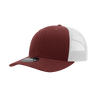 A maroon mid-profile structured trucker cap with a white mesh back and a logo on the side.