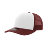 A structured trucker cap featuring a white front and maroon mesh back, with an adjustable strap and logo.
