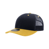 A structured trucker cap in navy and yellow, featuring a mesh back and a logo label on the front.