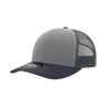 A grey and navy 6-panel mid-profile structured trucker cap with a mesh back and a logo.