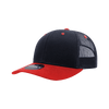 A navy blue and red structured trucker cap with a mesh back and a logo.