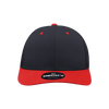 A structured trucker cap in navy blue with a red peak and an attached logo on the front.