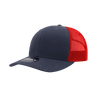 A structured trucker cap featuring a navy blue front and a red mesh back, with a logo on the front.