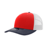 A structured trucker cap featuring a red front, white mesh sides, and a navy peak, complete with a logo.