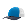 A blue and white 6-panel mid-profile structured trucker cap with a dark navy brim and a logo.