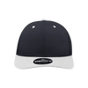 A structured trucker cap in navy blue with a white brim, featuring a logo on the front.