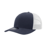 A navy blue trucker cap with a structured design and a white mesh back, featuring a logo on the front.
