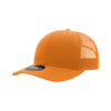 An orange 6 panel mid-profile structured trucker cap with a mesh back and a logo on the front.