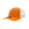 An orange mid-profile structured trucker cap with a white mesh rear and a circular logo on the front.