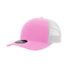 A pink mid-profile structured trucker cap with a white mesh back and a logo on the front.