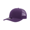 A purple 6 panel mid profile structured trucker cap with a mesh back and a logo.
