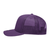 A purple 6 panel mid-profile structured trucker cap featuring a mesh back and curved brim.