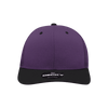 A structured trucker cap featuring a purple front and a black visor, with a logo on the side.