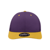 A purple and yellow structured trucker cap with a logo on the front panel.