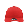 A red 6 panel mid profile structured trucker cap with a logo on the front.
