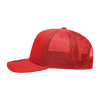 A red structured trucker cap with a mesh back and a logo on the front.