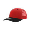 A red and black 6 panel mid profile structured trucker hat with a mesh back and a branded tag.