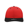 A red and black structured trucker cap featuring a logo on the front.