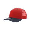 A red and navy blue 6-panel mid profile structured trucker cap with a mesh back and a logo.