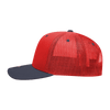 A structured trucker cap in red with a navy peak and mesh back, featuring a branding logo.