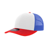 A structured trucker cap featuring a white front, red peak, and blue mesh sides, with a visible logo on the brim.