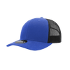 A blue 6-panel mid-profile structured trucker cap with a black mesh back and a logo on the front.