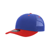A blue and red structured trucker cap with a mesh back and a prominent logo.
