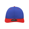 A structured trucker cap featuring a blue crown and a red visor, with a logo on the front.