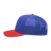 A blue and red 6 panel mid-profile structured trucker cap with a mesh back and a logo.