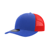 A blue and red structured trucker cap with a mesh back and a logo.