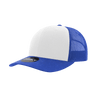 A structured trucker cap featuring a white front and blue mesh back, complete with a branding logo.